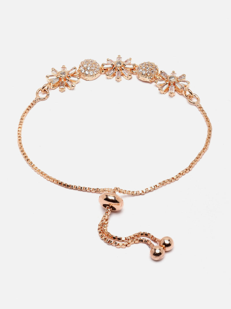 Rose Gold-Plated White American Diamond studded Flower & Round Shaped Link Bracelet