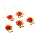 Gold-Plated Gota Patti Flower Maang Tikka Pack Of 5 Girls and Women Floral Jewellery (Red Brown)
