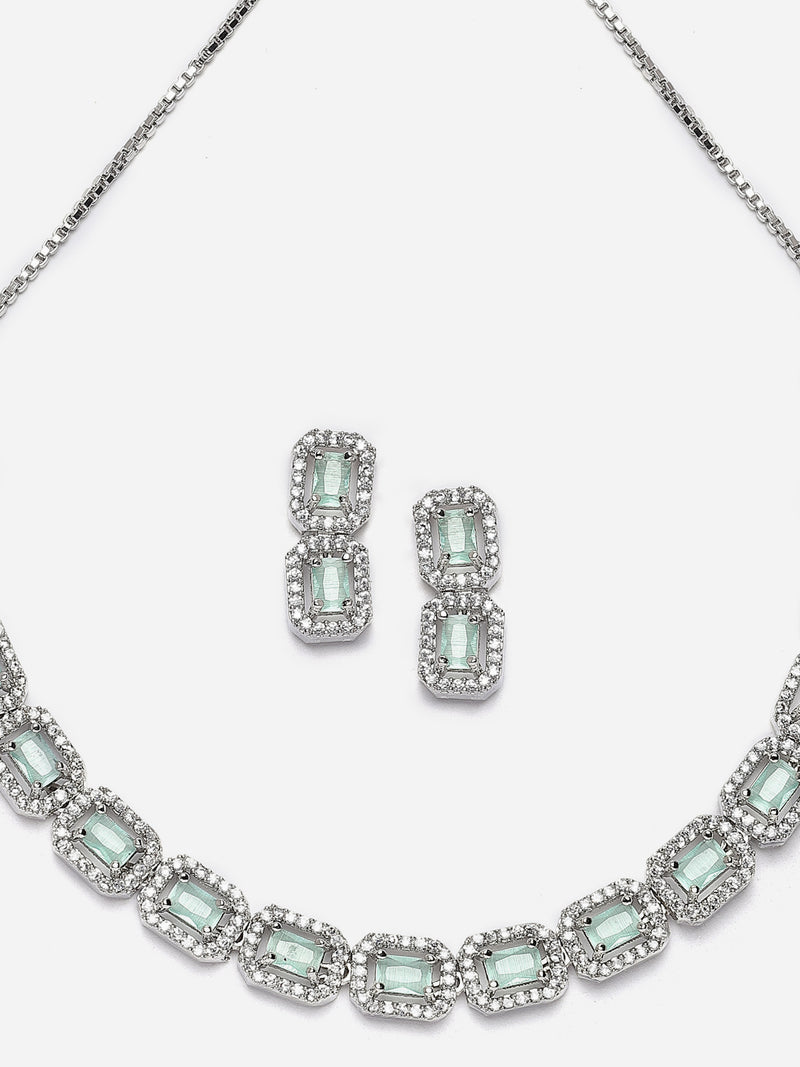 Rhodium-Plated Sea Green American Diamonds Studded Quadrate Shaped Necklace & Earrings Jewellery Set