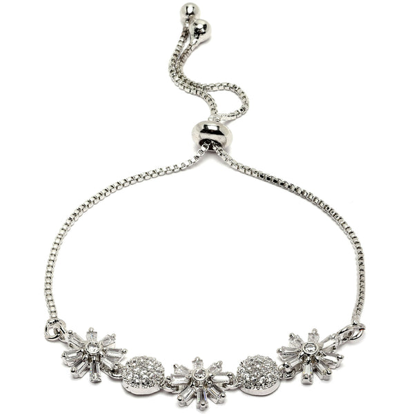 Rhodium-Plated Silver Toned Flower & Round Shaped White American Diamond studded Bracelet