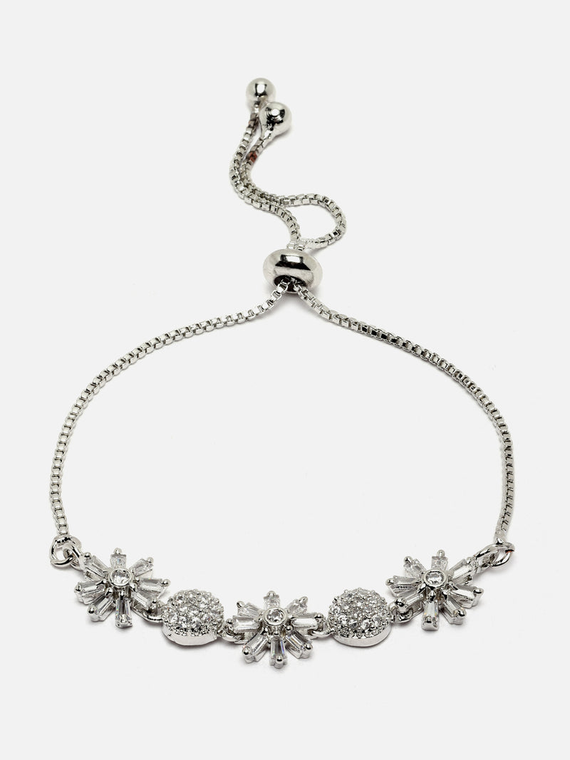 Rhodium-Plated Silver Toned Flower & Round Shaped White American Diamond studded Bracelet