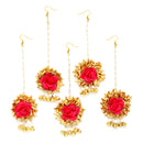 Gold-Plated Gota Patti Flower Maang Tikka Pack Of 5 Girls and Women Floral Jewellery (Red Brown)