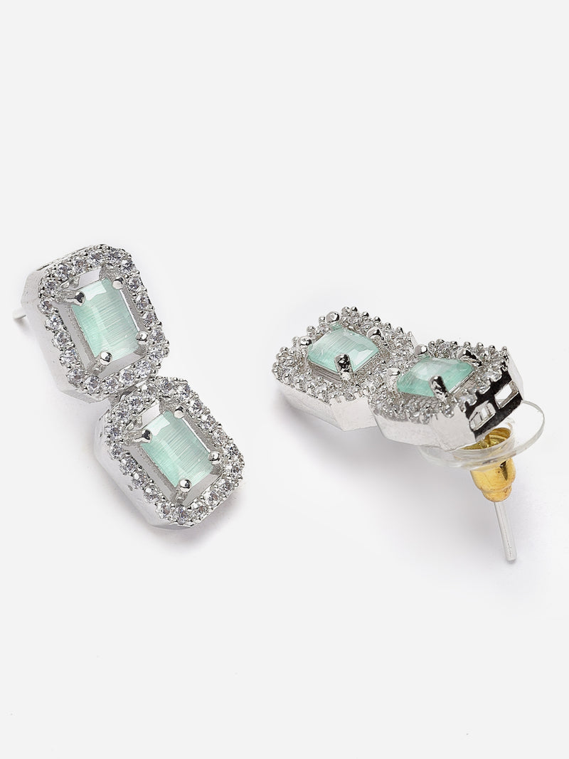 Rhodium-Plated Sea Green American Diamonds Studded Quadrate Shaped Necklace & Earrings Jewellery Set