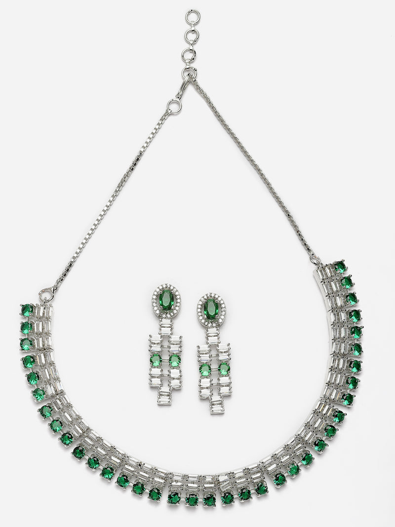 Rhodium-Plated Green Round Shape American Diamonds Studded Necklace & Earrings Jewellery Set