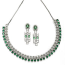 Rhodium-Plated Green Round Shape American Diamonds Studded Necklace & Earrings Jewellery Set