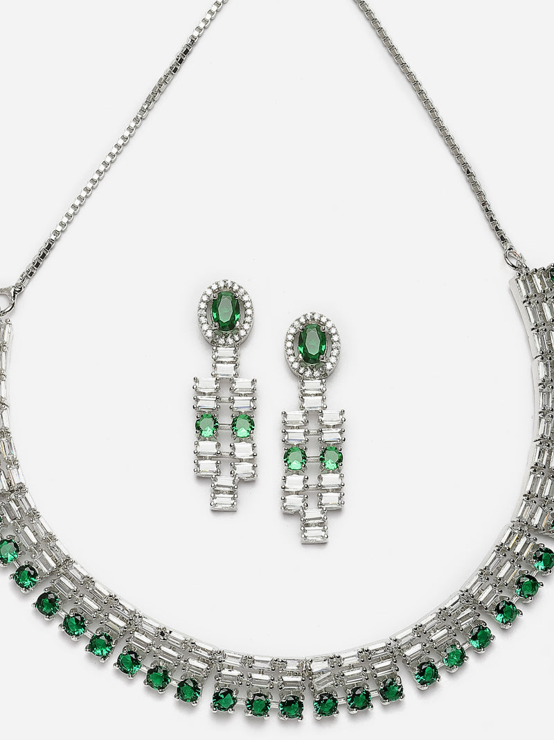 Rhodium-Plated Green Round Shape American Diamonds Studded Necklace & Earrings Jewellery Set