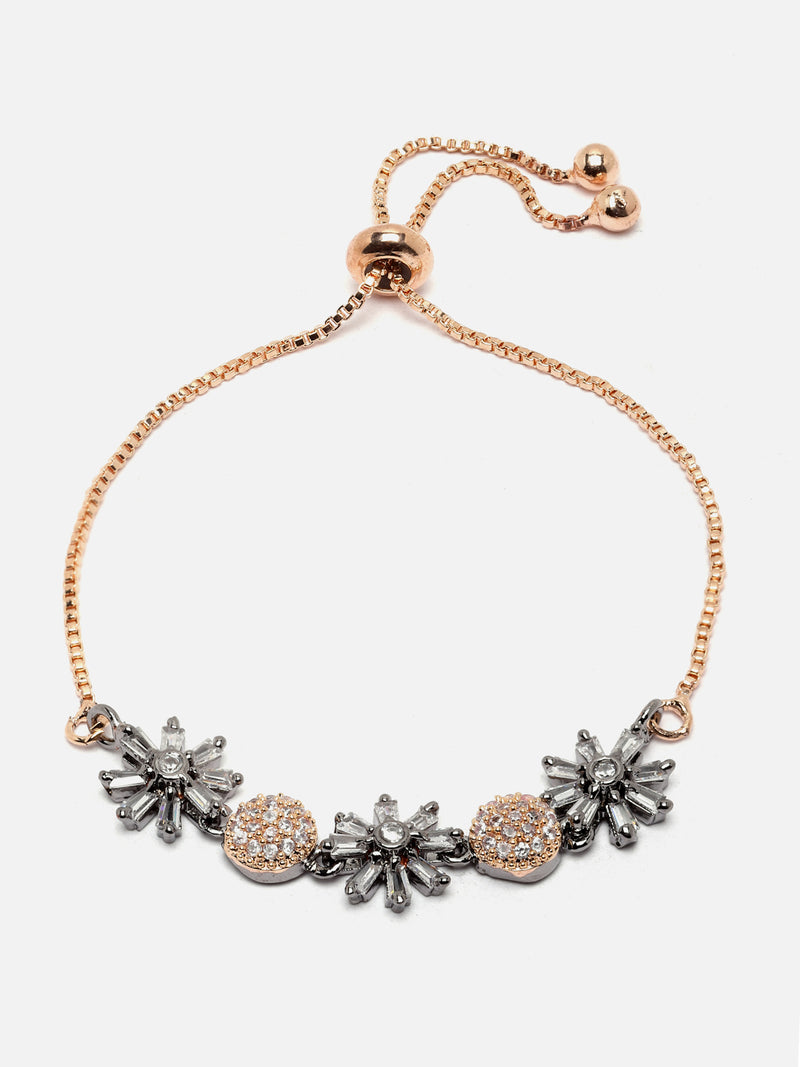 Rose Gold-Plated Gunmetal Toned White American Diamond studded Flower & Round Shaped Link Bracelet