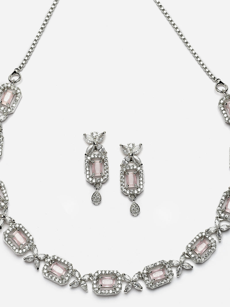 Rhodium-Plated Pink American Diamonds Studded Cubical Necklace & Earrings Jewellery Set