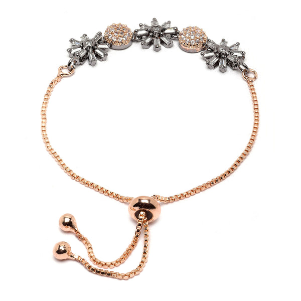 Rose Gold-Plated Black Toned Flower & Round Shaped White American Diamond studded Link Bracelet