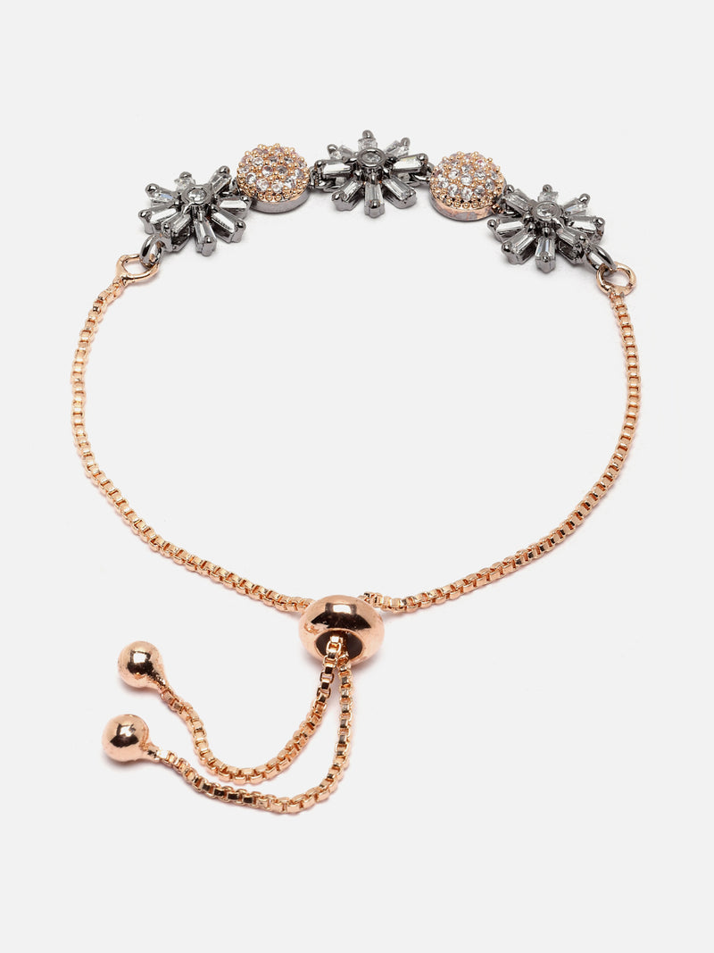 Rose Gold-Plated Gunmetal Toned White American Diamond studded Flower & Round Shaped Link Bracelet