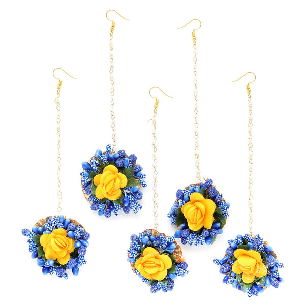 Gold Plated Floral Yellow And Blue Gotta Patti Maang Tikka (Mehandi,Haldi,Bridal,Baby Shower)