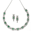Rhodium-Plated Green American Diamonds Studded Cubical Necklace & Earrings Jewellery Set