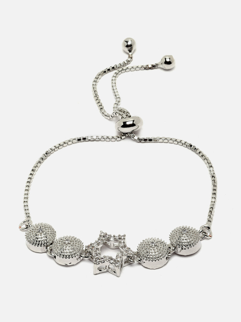 Rhodium-Plated Silver Toned White American Diamond studded Star Shaped Link Bracelet