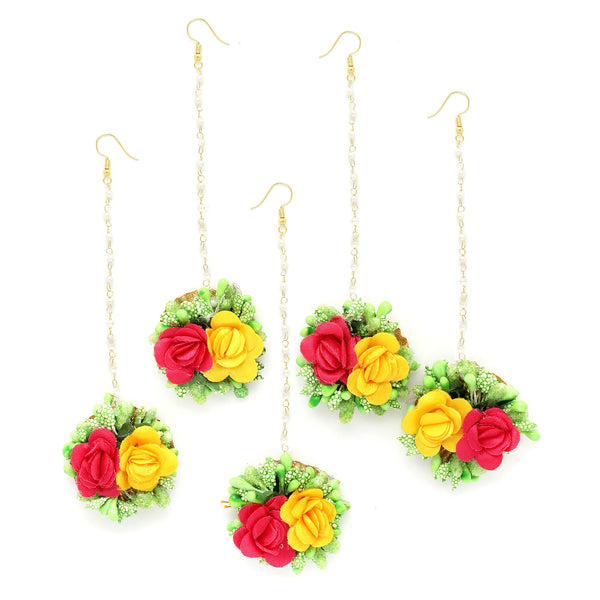 Gold Plated Floral Pink Yellow And Green Gotta Patti Maang Tikka  (Mehandi,Haldi,Bridal,Baby Shower)