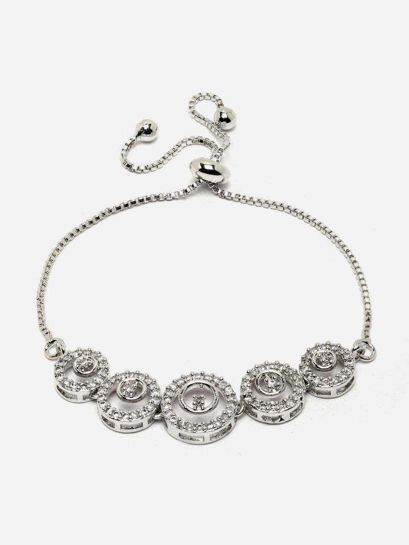 Rhodium-Plated Silver Toned Circular Shaped White American Diamond studded  Bracelet