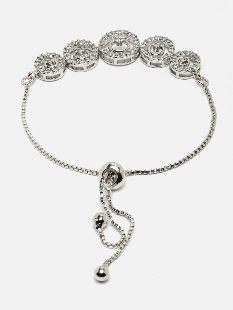 Rhodium-Plated Silver Toned White American Diamond studded Circular Shaped Link Bracelet