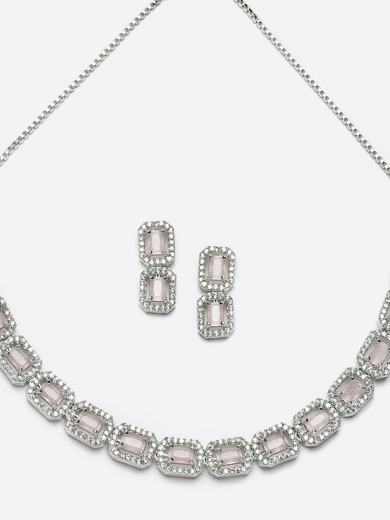 Rhodium-Plated Pink American Diamonds Studded Quadrate Shaped Necklace & Earrings Jewellery Set