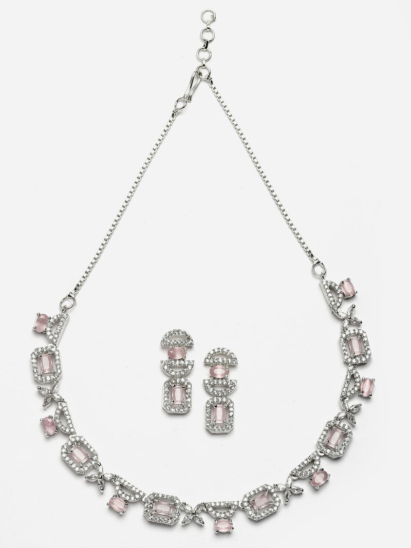 Rhodium-Plated Pink American Diamonds Studded Boxy Necklace & Earrings Jewellery Set