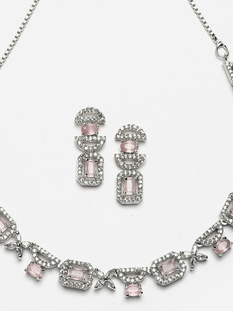 Rhodium-Plated Pink American Diamonds Studded Boxy Necklace & Earrings Jewellery Set