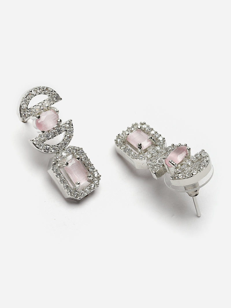 Rhodium-Plated Pink American Diamonds Studded Boxy Necklace & Earrings Jewellery Set