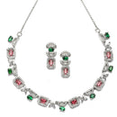 Rhodium-Plated Red & Green American Diamonds Studded Boxy Necklace & Earrings