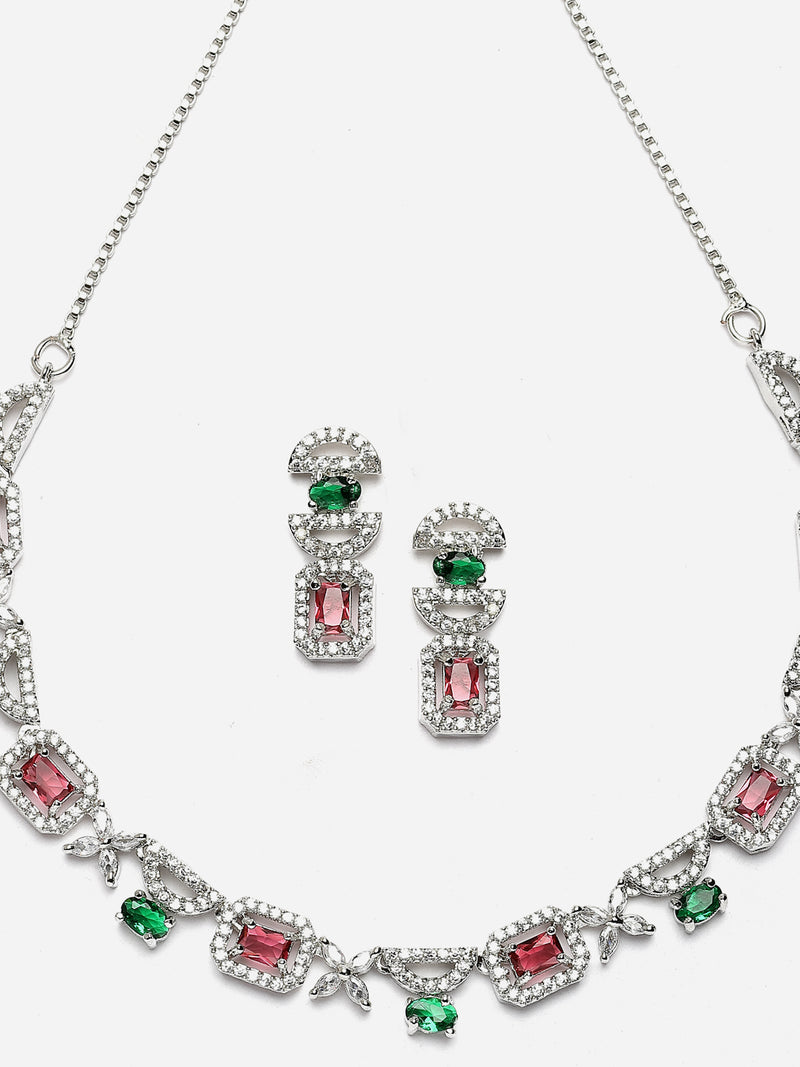 Rhodium-Plated Red & Green American Diamonds Studded Boxy Necklace & Earrings