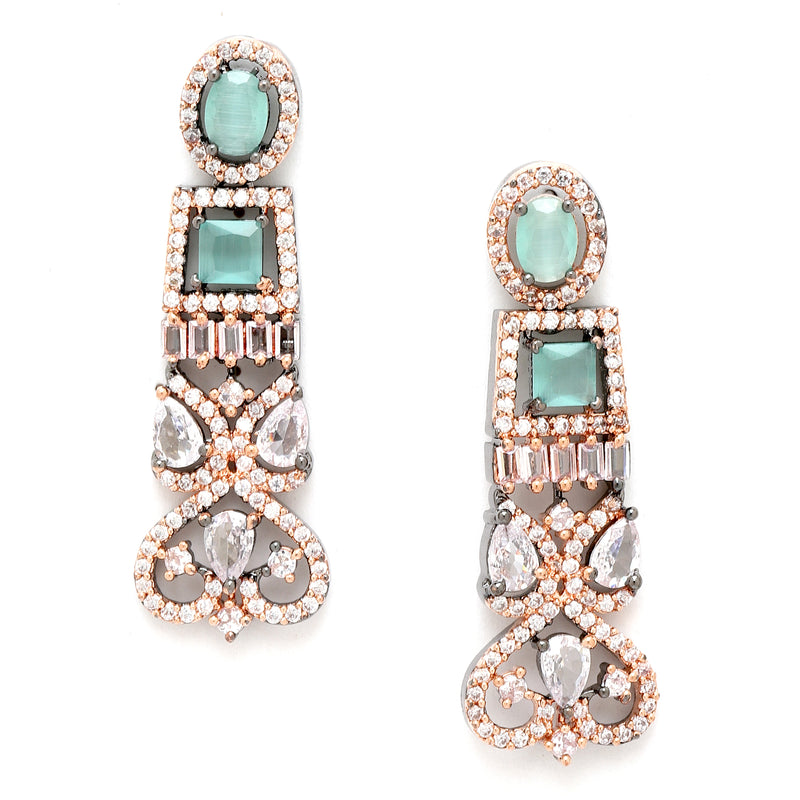 Rose Gold-Plated Gunmetal Toned Sea Green American Diamonds Studded Choker Necklace & Earrings Jewellery Set