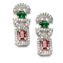 Rhodium-Plated Red & Green American Diamonds Studded Boxy Necklace & Earrings