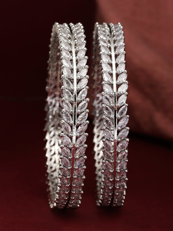 Rhodium-Plated Silver Toned White American Diamond studded Lead Shape Bangle Jewelry Set (Set Of 2)