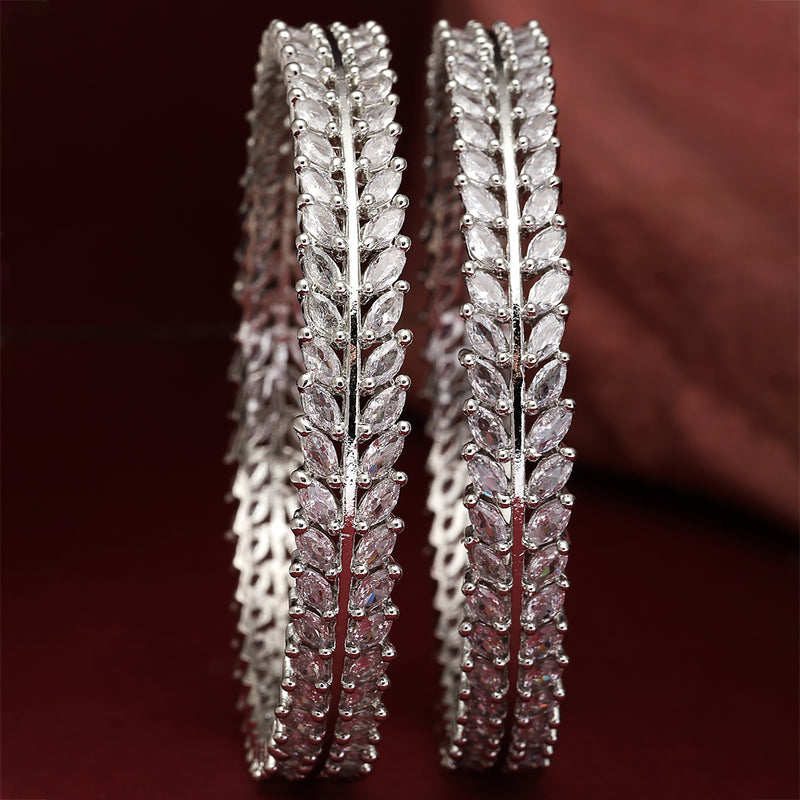 Rhodium-Plated Silver Toned White American Diamond studded Lead Shape Bangle Jewelry Set (Set Of 2)