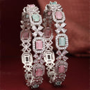 Rhodium-Plated Silver Toned Lime Green & Pink American Diamond Square Shaped studded Bangle Jewelry Set (Set Of 2)
