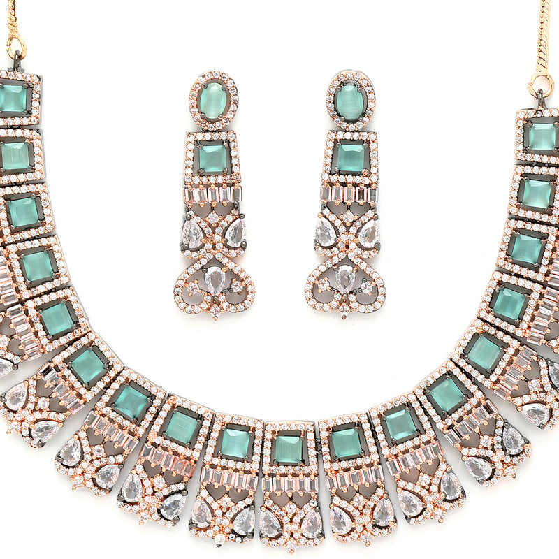 Rose Gold-Plated Gunmetal Toned Sea Green American Diamonds Studded Choker Necklace & Earrings Jewellery Set