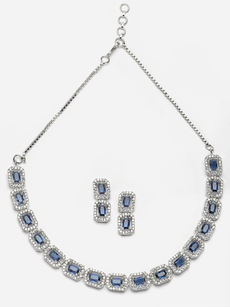 Rhodium-Plated Navy Blue American Diamonds Studded Quadrate Shaped Necklace & Earrings Jewellery Set