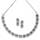 Rhodium-Plated Navy Blue American Diamonds Studded Quadrate Shaped Necklace & Earrings Jewellery Set
