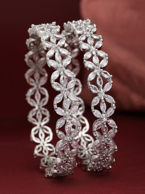 Rhodium-Plated Silver Toned White Floral American Diamond studded Bangles Jewellery Set (Set Of 2)