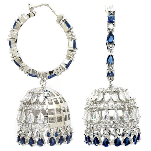 Rhodium Plated Silver Toned with Blue & White American Diamond Jhumka Earrings