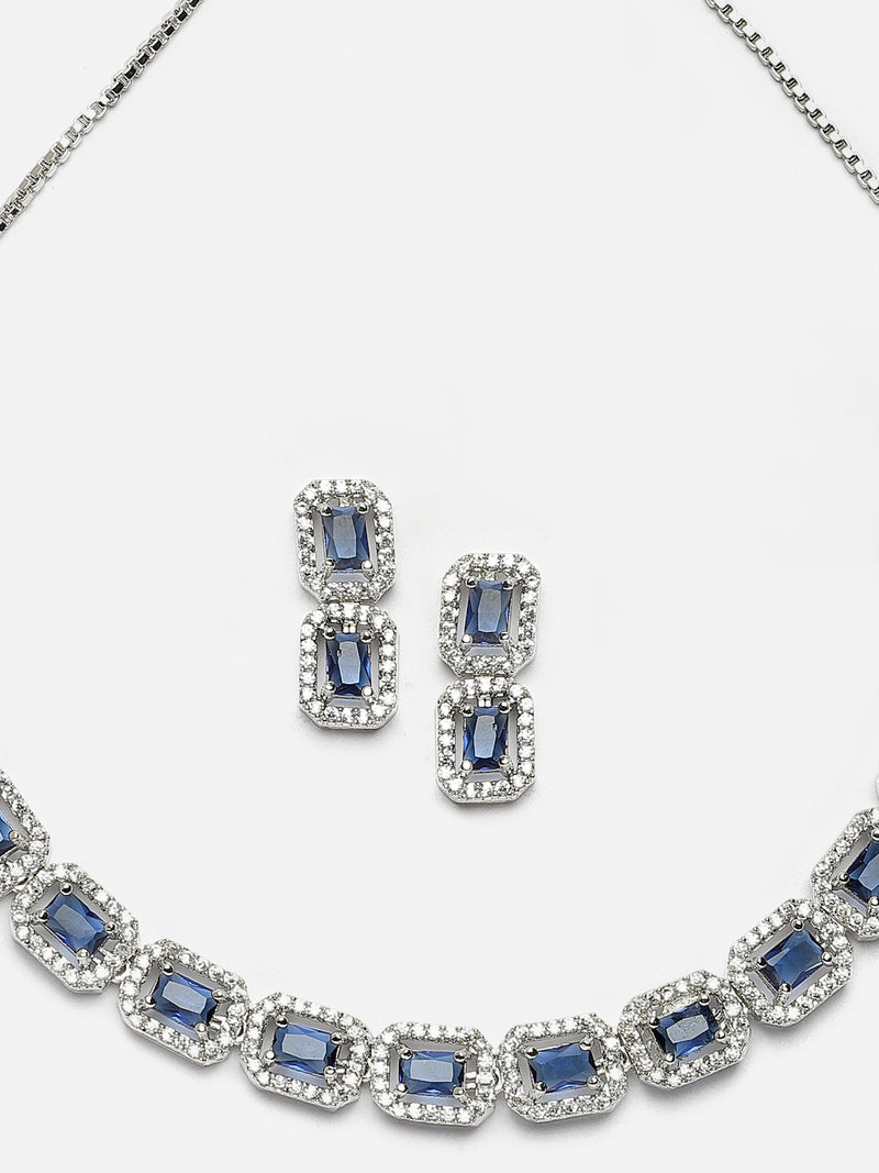 Rhodium-Plated Navy Blue American Diamonds Studded Quadrate Shaped Necklace & Earrings Jewellery Set