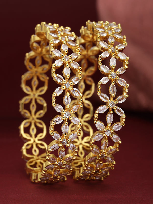 Gold-Plated White American Diamond studded Floral Shaped Bangles Jewellery Set (Set Of 2)