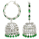 Rhodium Plated Silver Toned with Green & White American Diamond Jhumka Earrings