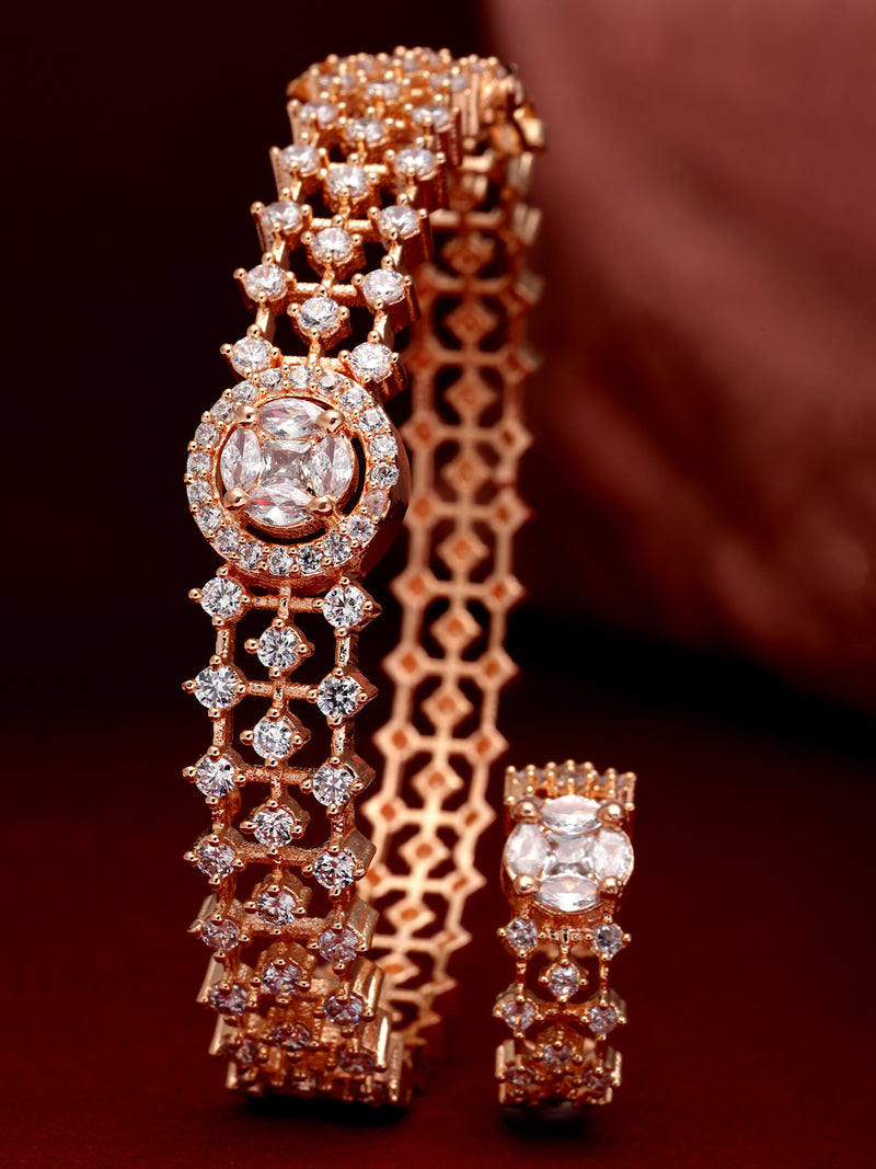 Set of 2 Rose Gold & White Handcrafted Rose Gold-Plated Kada Bracelet & Ring