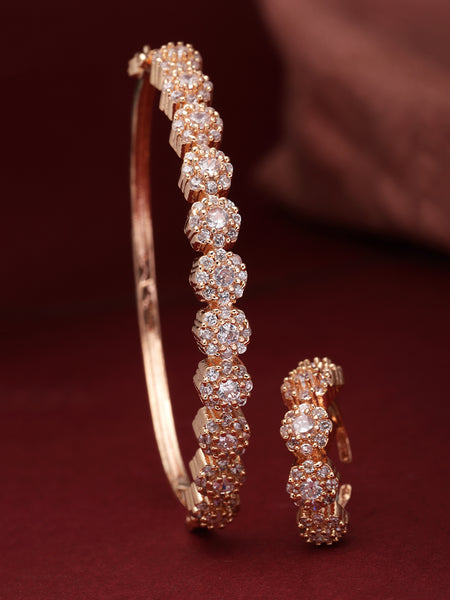 Rose Gold-Plated White American Diamond studded Bangle-Style Bracelet with Matching Ring