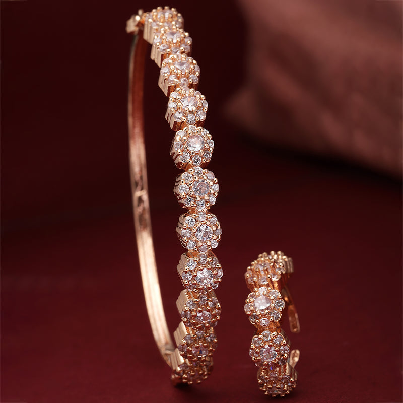 Rose Gold-Plated White American Diamond studded Bangle-Style Bracelet with Matching Ring