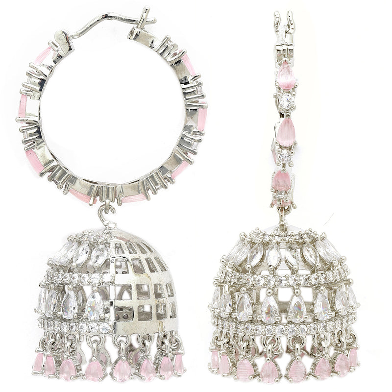 Rhodium Plated Silver Toned with Pink & White American Diamond Jhumka Earrings