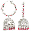 Rhodium Plated Silver Toned with Red & White American Diamond Jhumka Earrings