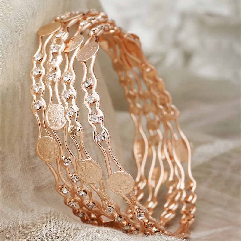 Rose Gold-Plated White American Diamond studded Temple Coin Bangles Jewellery Set (Set Of 4)