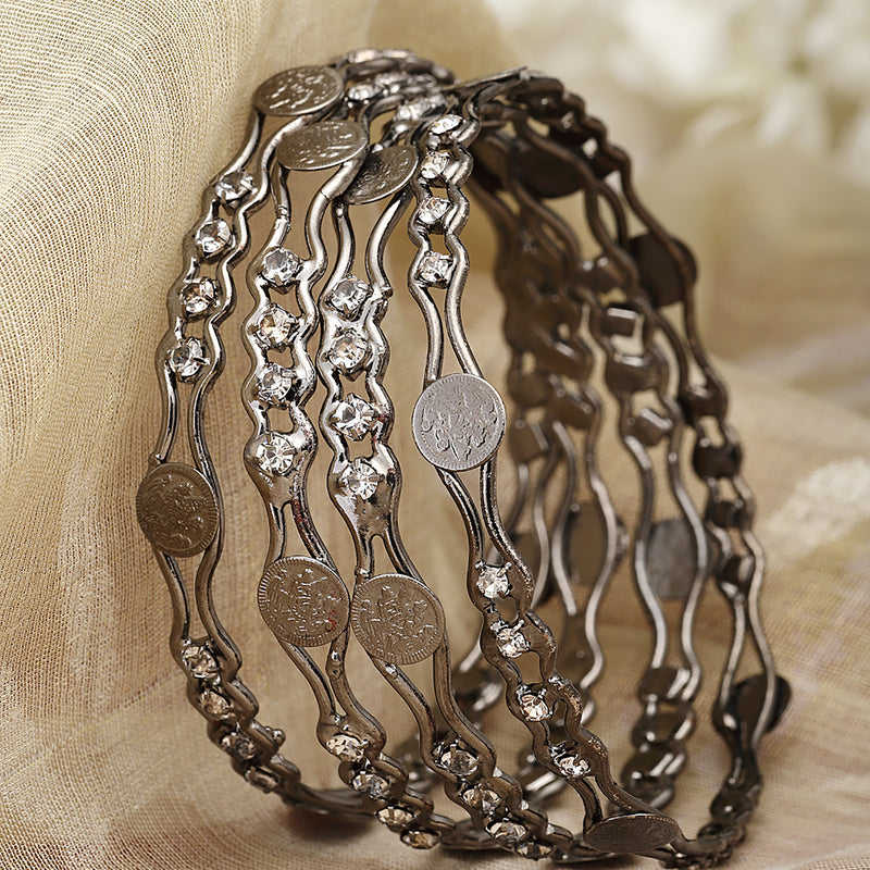 Oxidised Silver-Plated Black Toned White American Diamond studded Temple Coin Bangles Jewellery Set (Set Of 4)
