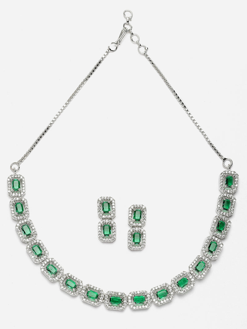 Rhodium-Plated Green American Diamonds Studded Quadrate Shaped Necklace & Earrings Jewellery Set