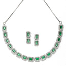 Rhodium-Plated Green American Diamonds Studded Quadrate Shaped Necklace & Earrings Jewellery Set