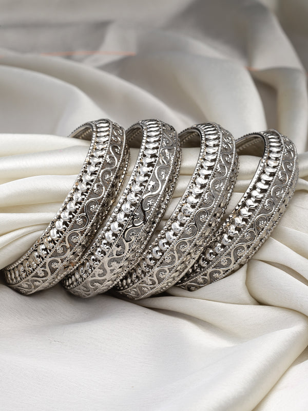 Set Of 4 Oxidised Silver-Plated Classic Intricate Textured Bangles Jewellery Set