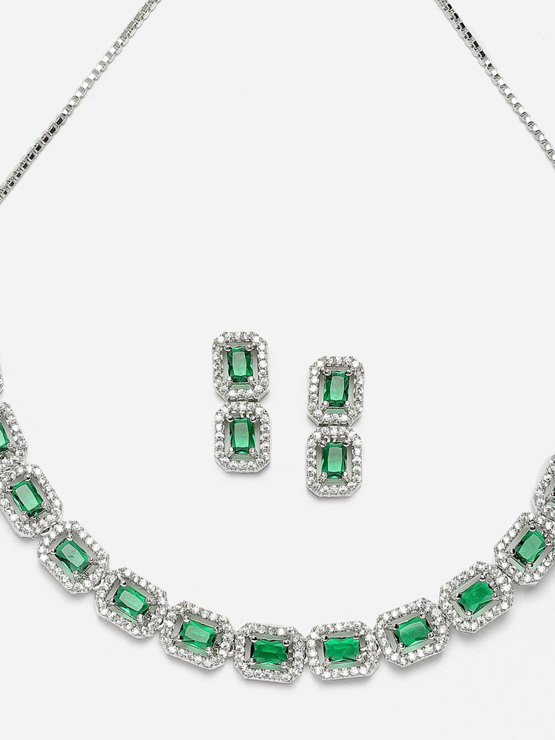 Rhodium-Plated Green American Diamonds Studded Quadrate Shaped Necklace & Earrings Jewellery Set